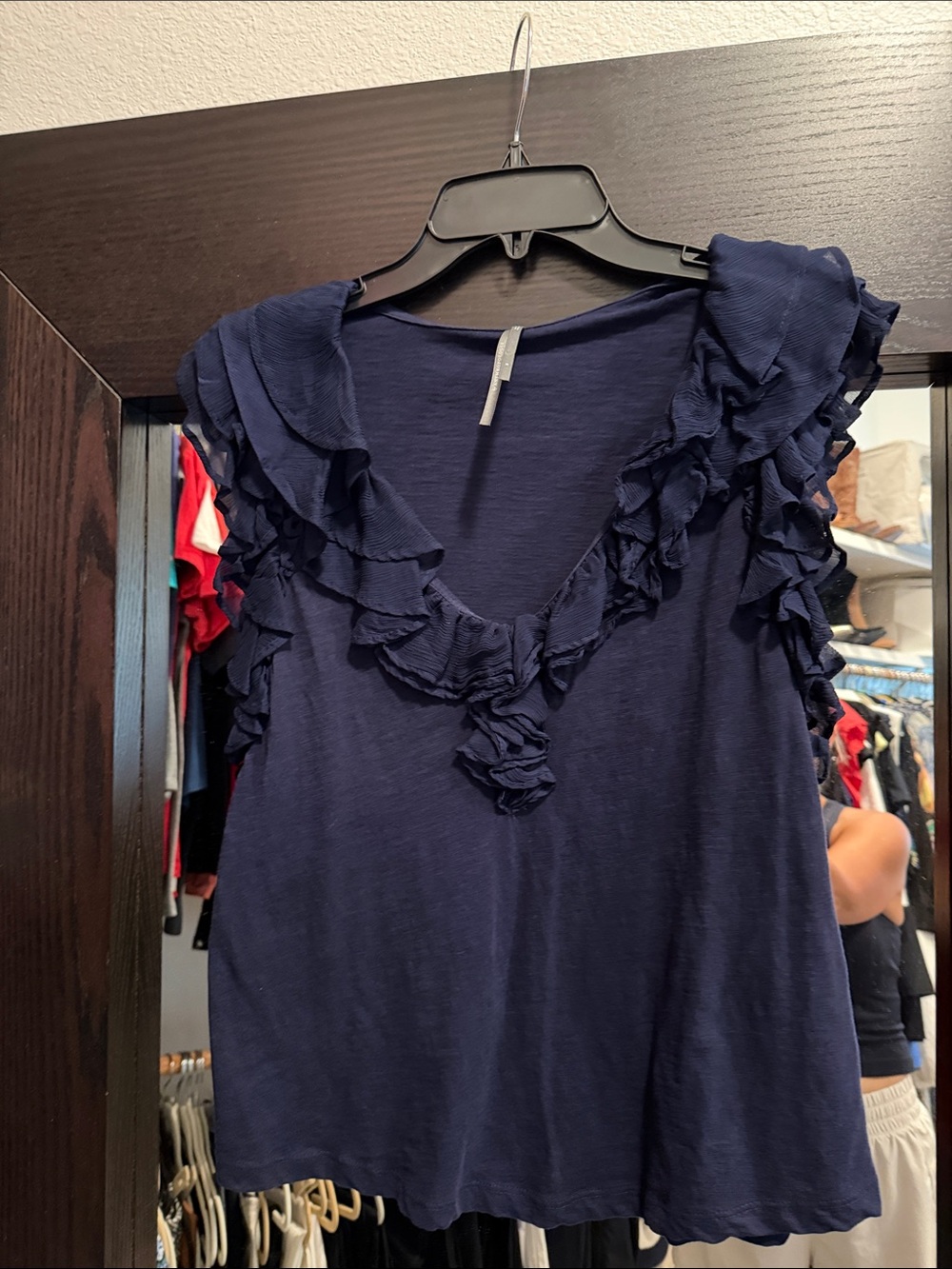 Anthropologie Navy Ruffle V-Neck Tank